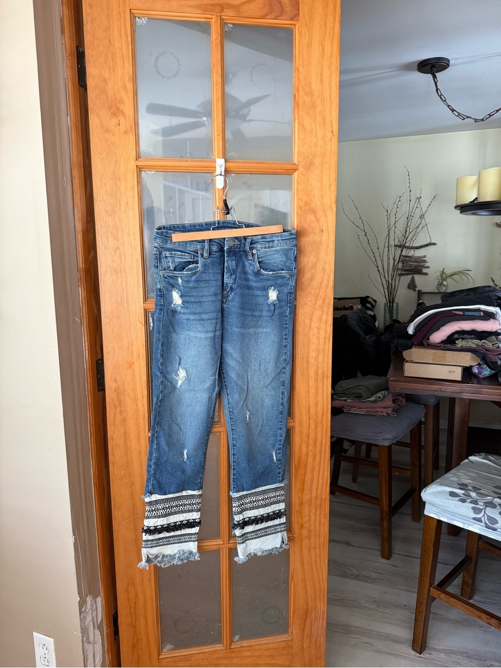 Blank NYC Distressed Blue Cropped Jeans with Embroidered Ankle